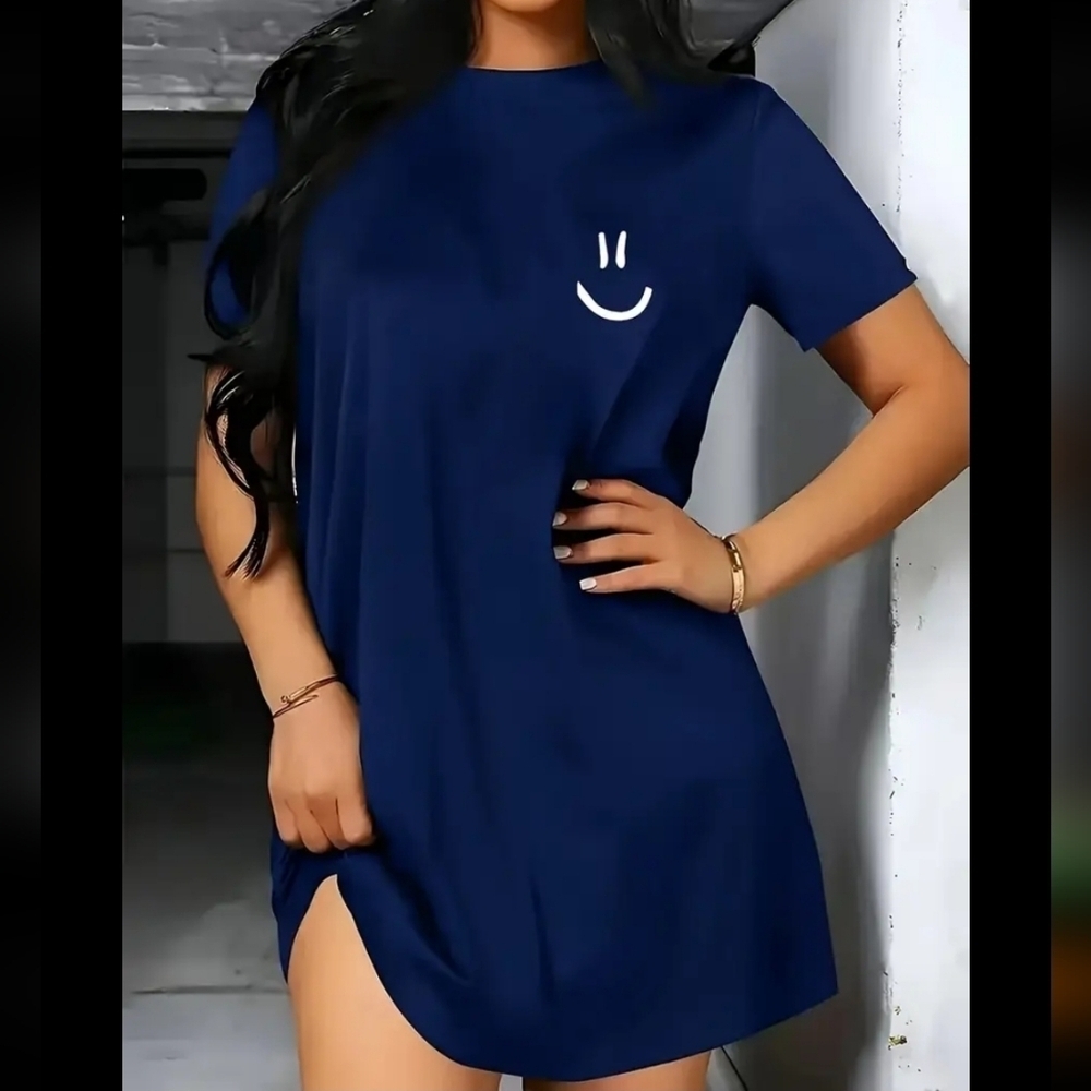 Navy Blue Smiley Face T-Shirt Dress